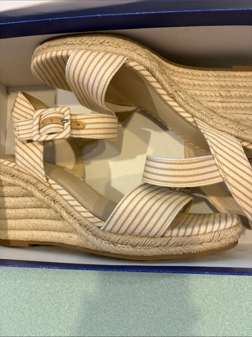 Life Stride Beige and White Striped Espadrille Wedge Sandals